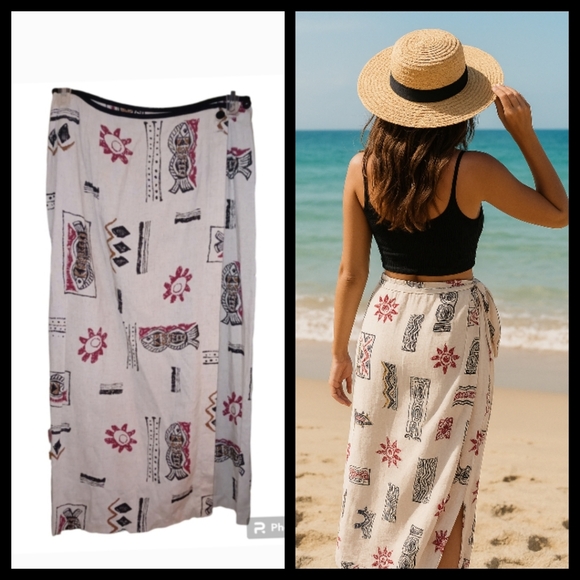 Linen Flax Blend RED n BLACK Long Wrap Skirt Sarong Size 14 Aztec Tribal Print● - Picture 5 of 12